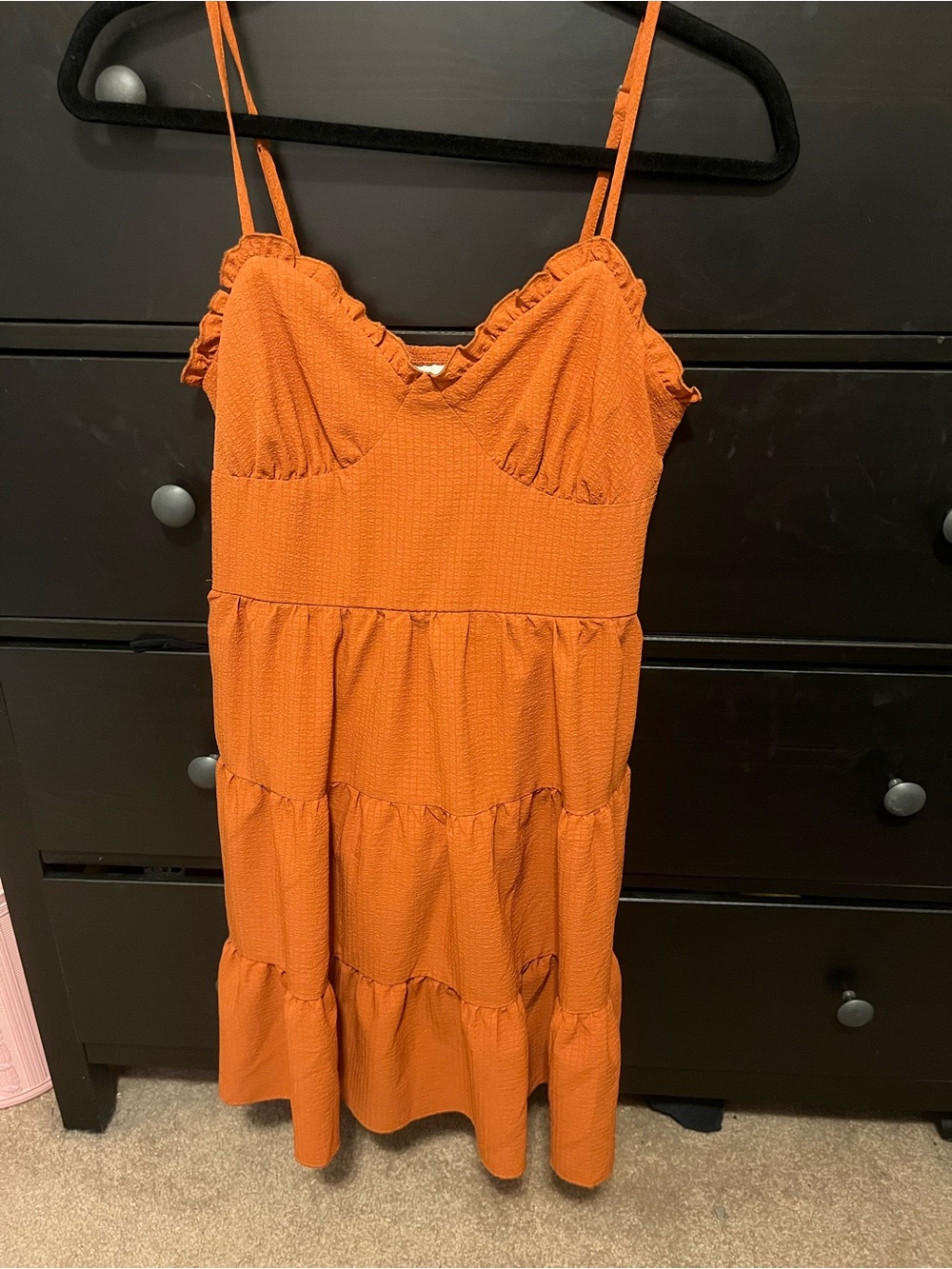 No Boundaries Rust Tiered Spaghetti Strap Mini Dress